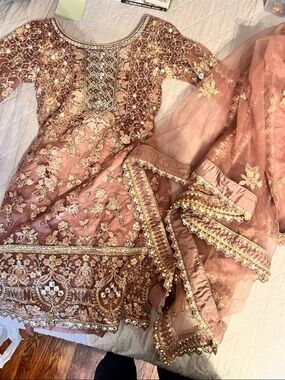 Embroidered Rose Gold Long Sleeve Women's Dress